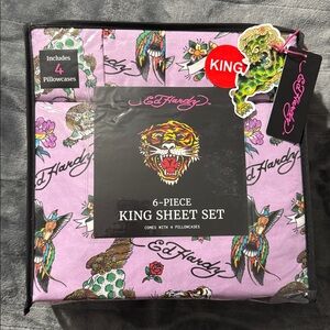 Ed Hardy Purple/Lilac King Sheet Set, Birds,Tigers,Flowers Tattoo Illustrations
